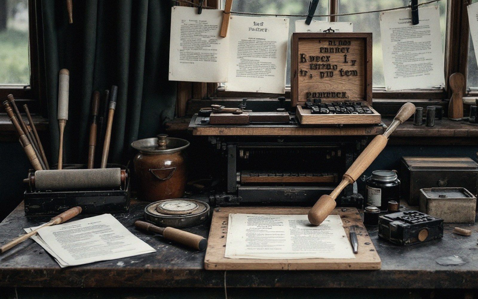 Vintage printing press desk with type-setting tools, ink jars, rollers and hanging proof sheets