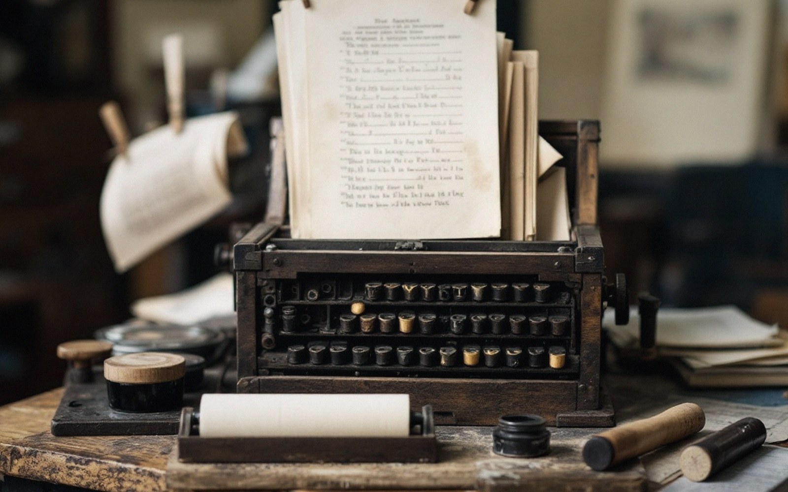 An antique typewriter with typed pages, surrounded by ink pots and paper rolls on a wooden desk