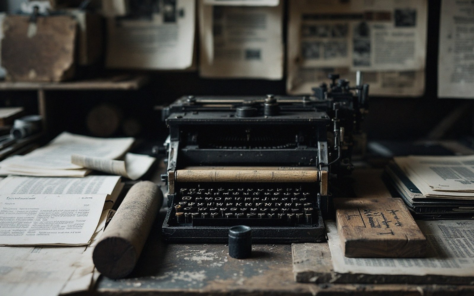 An old typewriter sits on a cluttered desk surrounded by worn papers and documents