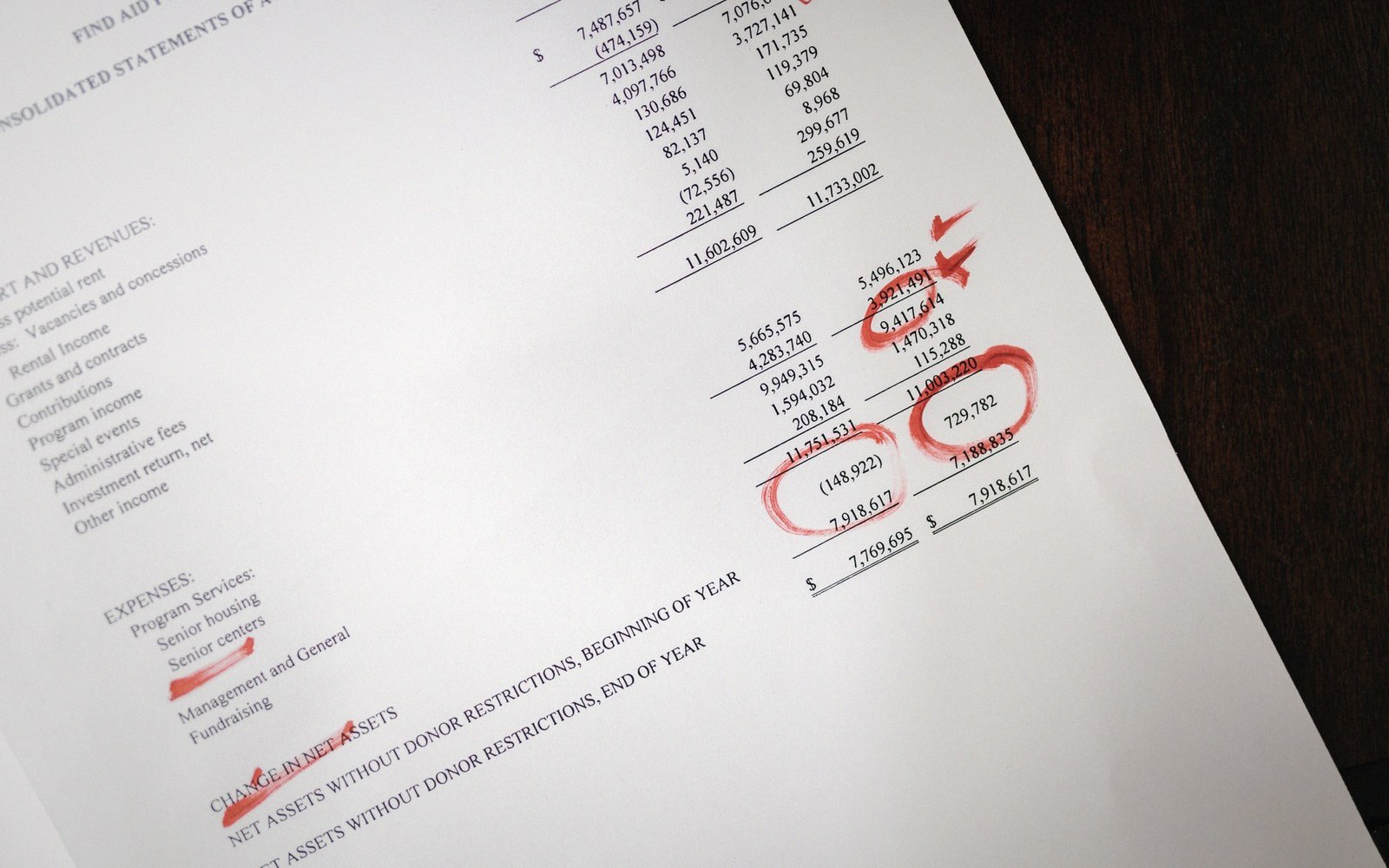 A financial statement with revenue and expense figures marked up in red pen circles and checkmarks